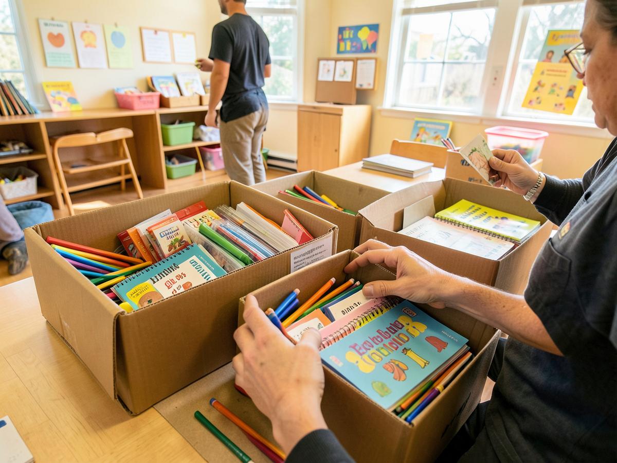 Cajas con materiales educativos y herramientas de arte donadas